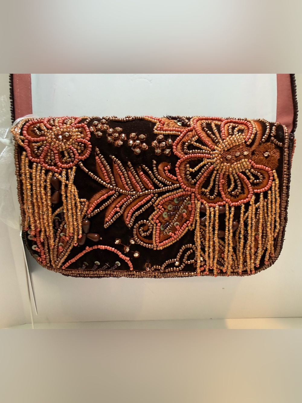* Gold & Coral Floral Beaded Bag on Brown Velvet with Fringe & Jewel Details